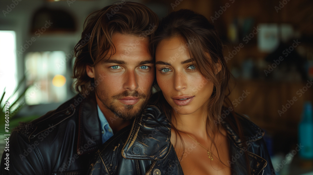 A beautiful young couple looks at the camera in a warm, homely atmosphere. Human relationships and love A beautiful young couple looks at the camera in a warm, homely atmosphere. Human relationships and love