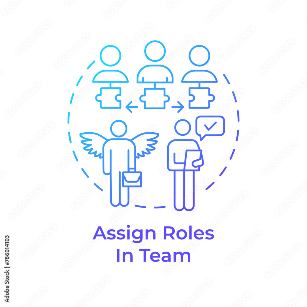 Assign roles in team blue gradient concept icon. Hackathon organization. Gather team. Team members. Round shape line illustration. Abstract idea. Graphic design. Easy to use in promotional materials Assign roles in team blue gradient concept icon. Hackathon organization. Gather team. Team members. Round shape line illustration. Abstract idea. Graphic design. Easy to use in promotional materials