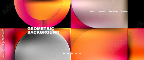 A vibrant geometric background featuring circles and squares in shades of amber, orange, magenta, peach, and electric blue. The pattern creates a colorful and eyecatching design