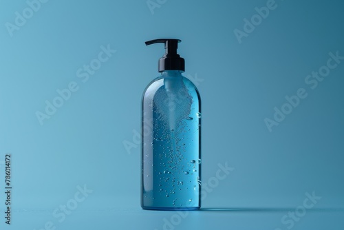 Hand sanitizer in a pump bottle on blue background