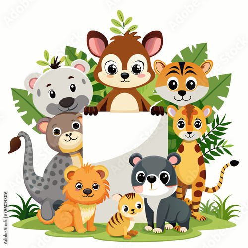 cute-wild-animals-cartoon-with-blank-board-white-b 