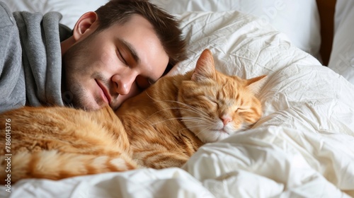 Peaceful scene young man and cat sleeping together on a white bed in cozy home environment