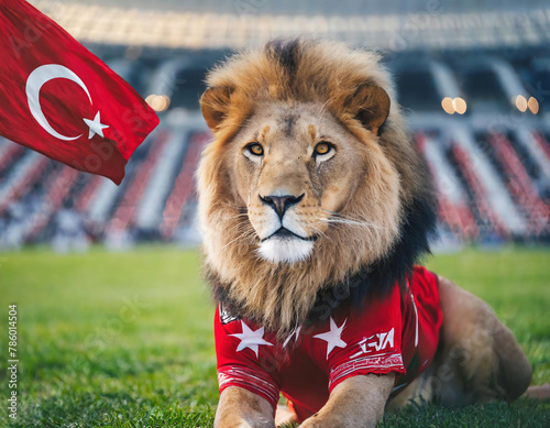 Galatasaray football team symbol in Turkey. fantasy portrait of a lion in a red T-shirt on blurred background of lawn in stadium with Turkish flag photo