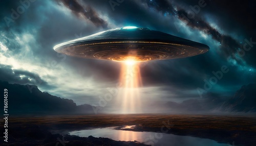 UFO landet mit strahlenden Landelicht auf der Erde photo