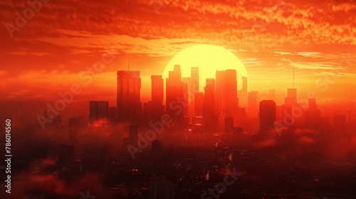 Dystopian city skyline silhouetted against a fiery sunset