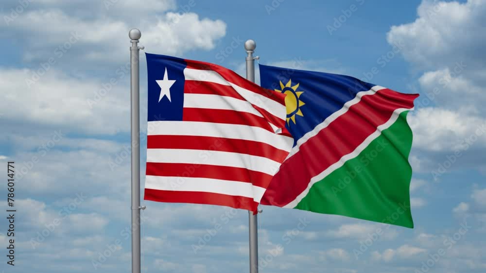 Liberia and Namibia two flags waving together, looped video, two country relations concept Liberia and Namibia two flags waving together, looped video, two country relations concept