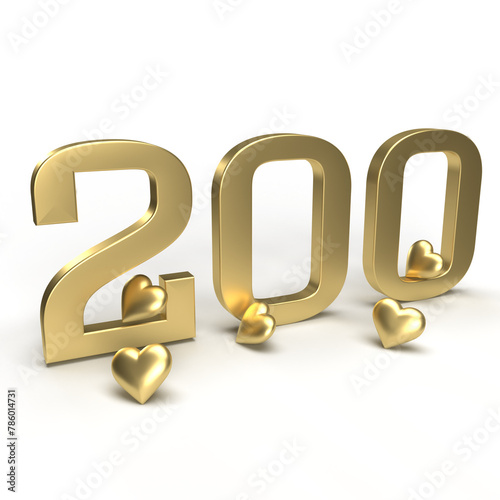 Gold number 200, two hundred with hearts around it. Idea for Valentine's Day, wedding anniversary or sale. 3d rendering