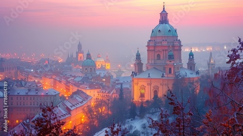 Serene dawn breaks over a historic European cityscape, illuminating the detailed architecture of churches and buildings with a warm, soft light under a sprawling sky.