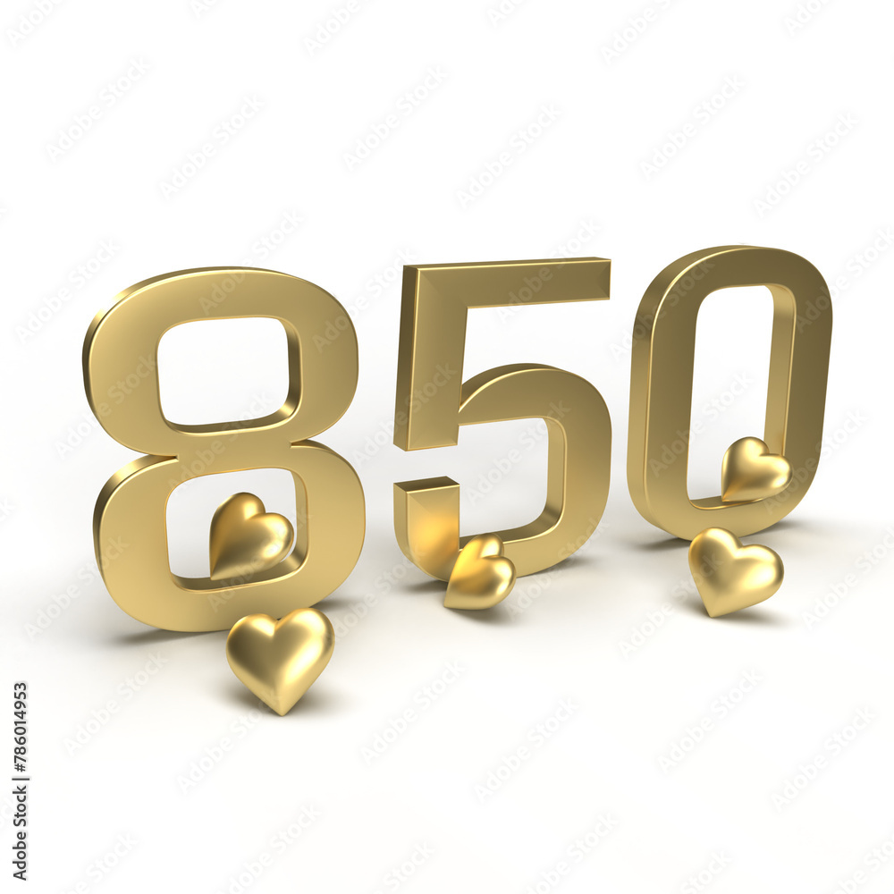 Gold number 850, eight hundred and fifty with hearts around it. Idea for Valentine's Day, wedding anniversary or sale. 3d rendering Gold number 850, eight hundred and fifty with hearts around it. Idea for Valentine's Day, wedding anniversary or sale. 3d rendering