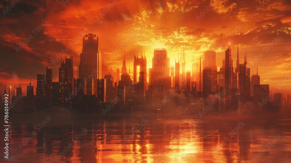 Dystopian city skyline silhouetted against a fiery sunset