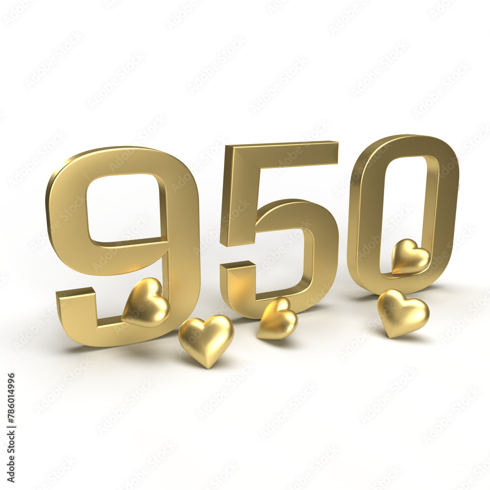 Gold number 950, Nine hundred and ninety-nine with hearts around it. Idea for Valentine's Day, wedding anniversary or sale. 3d rendering Gold number 950, Nine hundred and ninety-nine with hearts around it. Idea for Valentine's Day, wedding anniversary or sale. 3d rendering