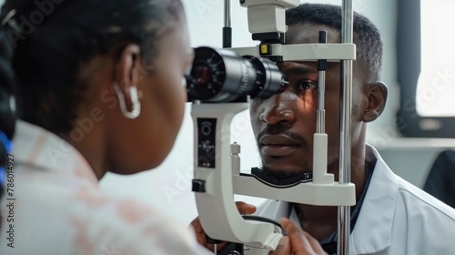 A doctor performing a routine eye examination on a patient.