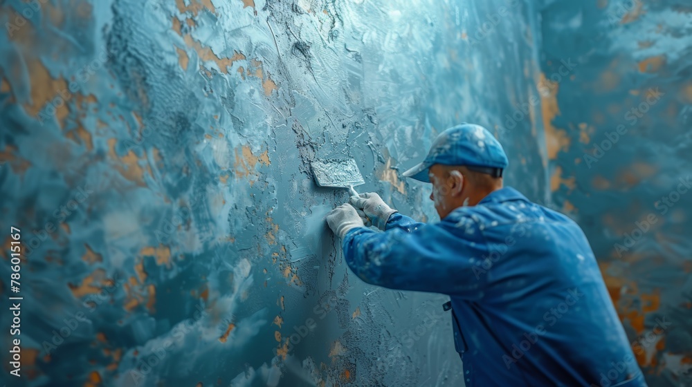 Obraz premium Professional plasterer in a blue working uniform meticulously applies plaster to a textured wall, focusing on the quality and precision of the workmanship.