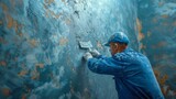 Professional plasterer in a blue working uniform meticulously applies plaster to a textured wall, focusing on the quality and precision of the workmanship.