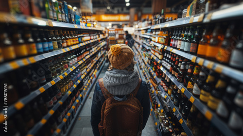 Young man in a winter hat and backpack stands contemplating in a supermarket aisle, surrounded by diverse beer options reflective of a moment of selection and variety in everyday shopping.