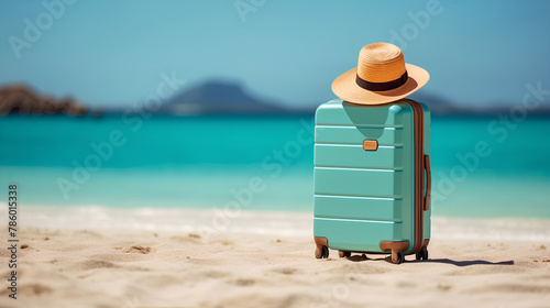 A suitcase with beach accessories on the background of sand, sea and sky. The concept of summer travel.