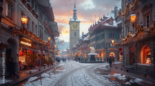 Picturesque winter evening on a snow-covered street in Europe, adorned with festive Christmas lights and decorations. Lamp-lit shops and a historic clock tower enhance the cozy, holiday atmosphere.