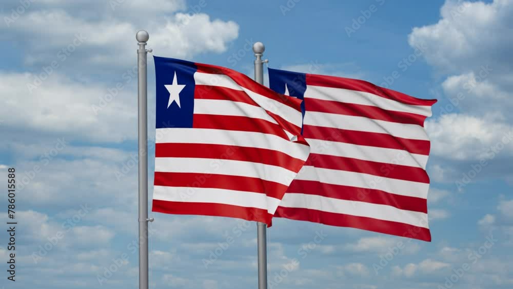 Liberia two flags waving together, looped video, two country cooperation concept Liberia two flags waving together, looped video, two country cooperation concept