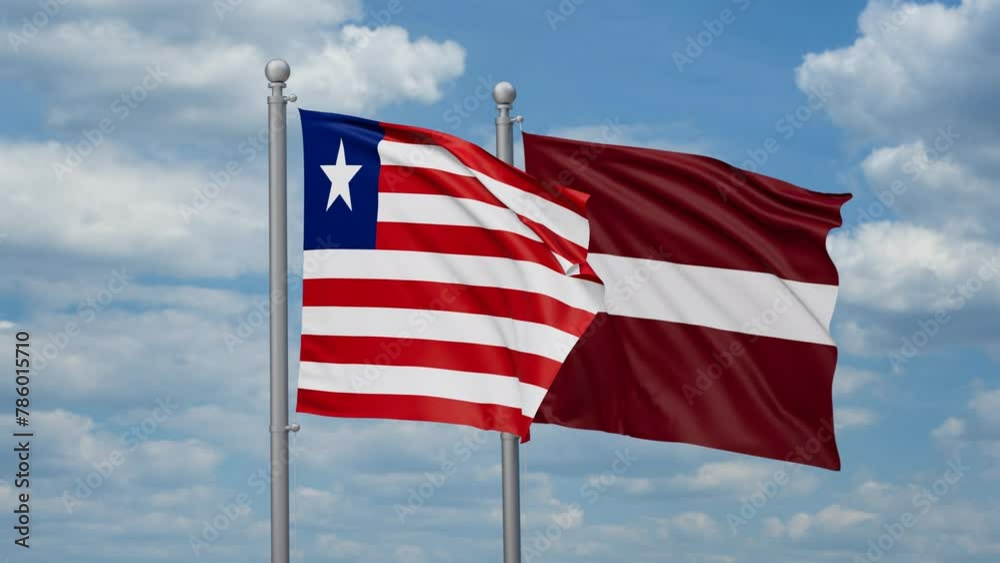 Latvia and Liberia two flags waving together, looped video, two country cooperation concept Latvia and Liberia two flags waving together, looped video, two country cooperation concept