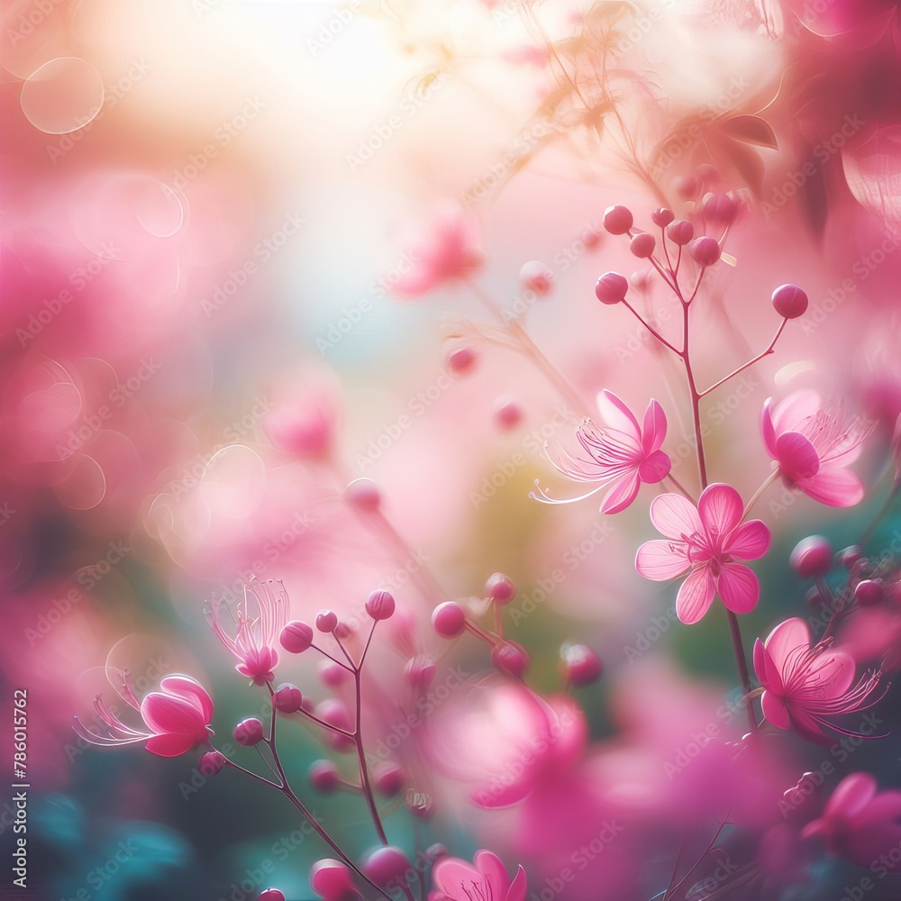 Fototapeta premium Spring landscape with blooming wild flowers,sunlight and blue sky,Generative Ai