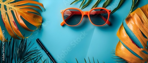 Retro Vibes: Vintage Eyewear & Tropical Foliage on Pastel Blue. Concept Vintage Eyewear, Tropical Foliage, Pastel Blue, Retro Vibes photo