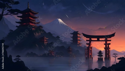 Oriental Japanese style background travel nature landscape view of mountain lake and traditional Japanese gate Torii