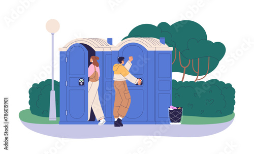 Outdoor portable toilets on street. Public bio restroom in city park. People going to mobile chemical WC cabins, closet for male and female. Flat vector illustration isolated on white background