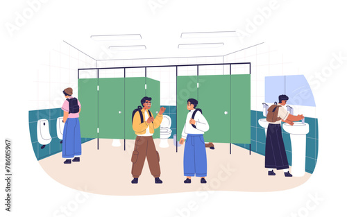 Boys in school restroom. Children in public toilet, male WC. Kids in closet with cabin doors, urinals, washstand. Schoolkids in latrine, lavatory. Flat vector illustration isolated on white background