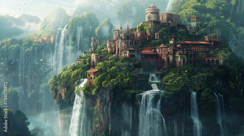 Floating city. waterfall. fantasy. fantasy scenary.
