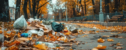 city street with fallen leaves depicting pollution and environmental neglect during autumn