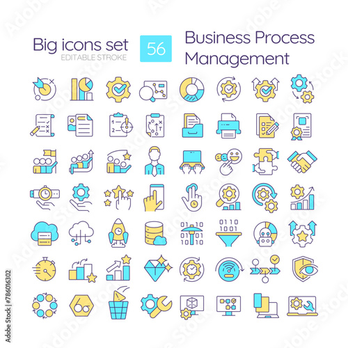 Business processes management RGB color icons set. Administration resources, customer service. Isolated vector illustrations. Simple filled line drawings collection. Editable stroke