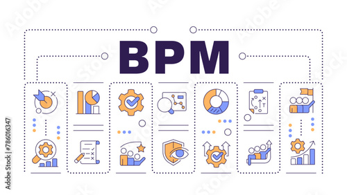 BPM word concept isolated on white. Key metrics monitoring. Customer service organization. Creative illustration banner surrounded by editable line colorful icons. Hubot Sans font used
