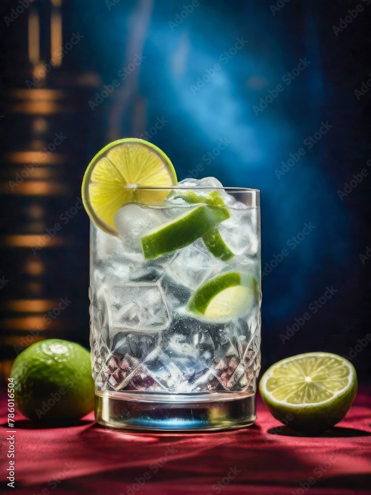 Classic gin and tonic cocktail in a glass on satin fabric, professional photography, colorful, fog drink for restaurant ad promos, exotic lime Classic gin and tonic cocktail in a glass on satin fabric, professional photography, colorful, fog drink for restaurant ad promos, exotic lime