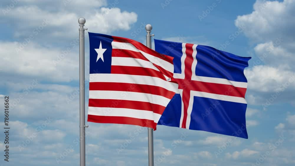Iceland and Liberia two flags waving together, looped video, two country cooperation concept Iceland and Liberia two flags waving together, looped video, two country cooperation concept