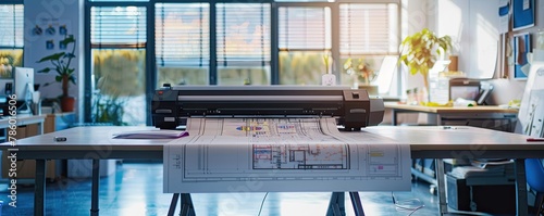 Interior of an architect's office with detailed blueprint on plotter and worktable reflecting precision and design workflow.
