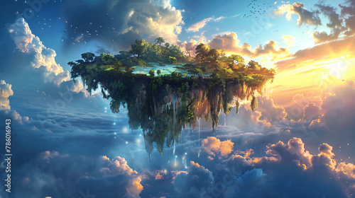 Flying island in the sky in fantasy world