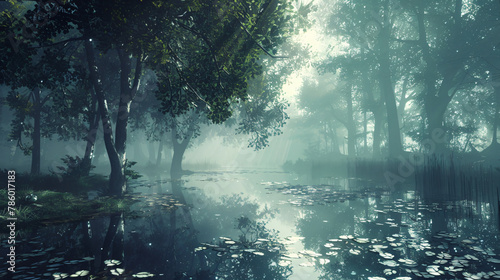 Foggy fantasy forest with ponds © Anas