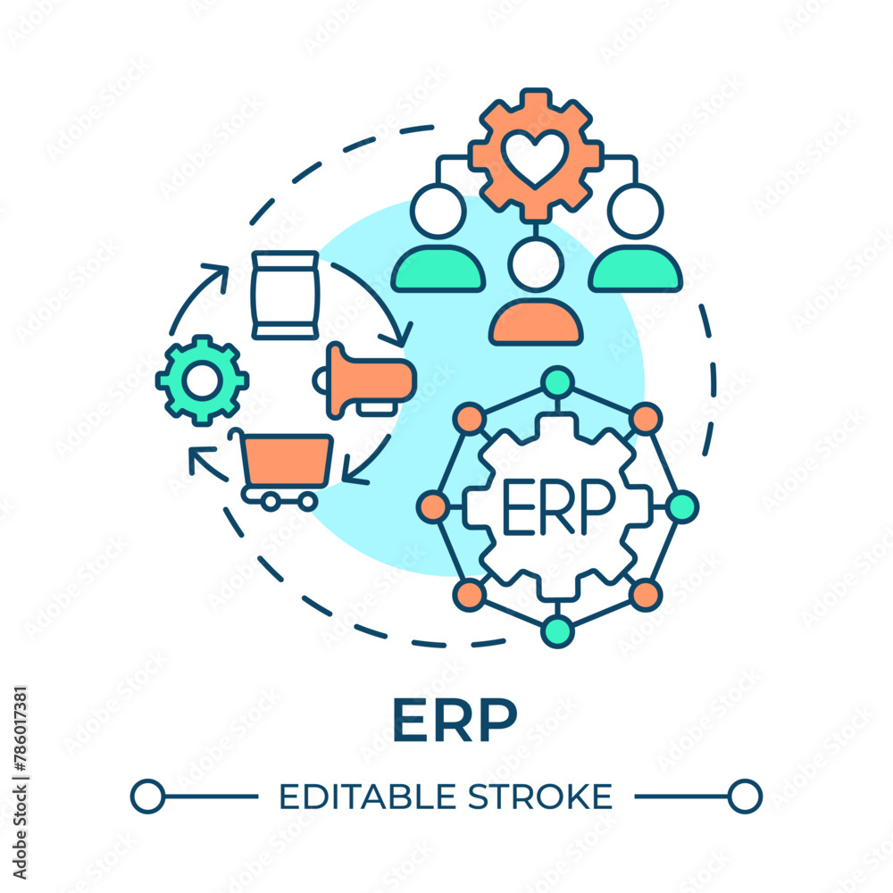 ERP multi color concept icon. Enterprise resource planning. Smart factory technology. Round shape line illustration. Abstract idea. Graphic design. Easy to use in infographic, article
