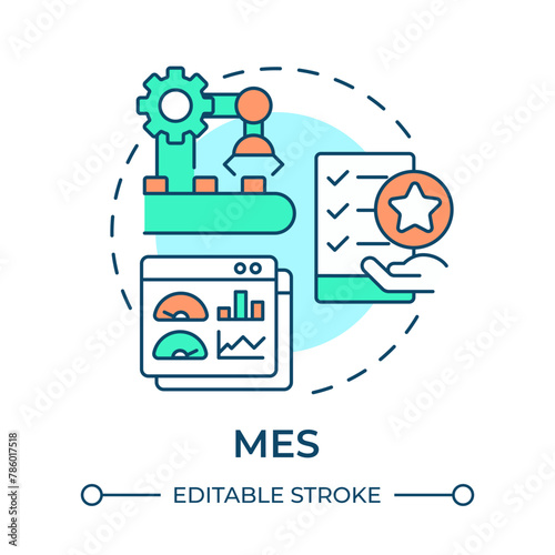 MES multi color concept icon. Manufacturing processes organization. Production scheduling, factory automation. Round shape line illustration. Abstract idea. Graphic design. Easy to use in infographic