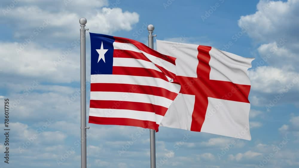England and Liberia two flags waving together, looped video, two country relations concept England and Liberia two flags waving together, looped video, two country relations concept