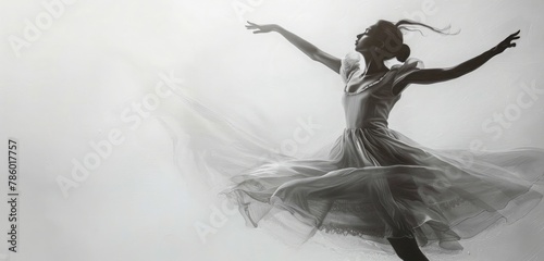 An elegant ballet dancer, captured mid-pirouette, her graceful movements frozen in time against a backdrop of pure white, evoking a sense of timeless beauty and poise. photo