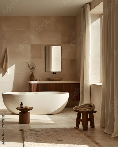 Bathroom with bathtub, sink, mirror, stool, and hardwood flooring