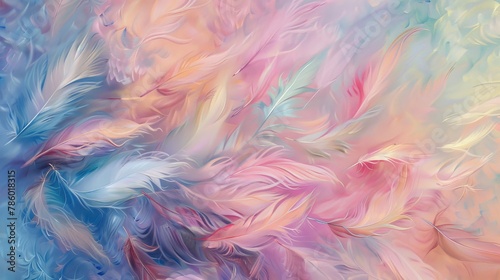 Dive into a world of soft pastel hues as feathers weave together to create an enchanting abstract background, their delicate beauty immortalized in high-definition detail photo
