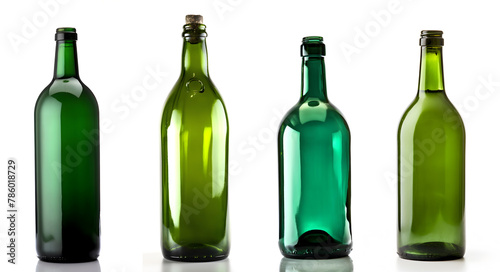Set of four old green bottles. Empty wine bottle.