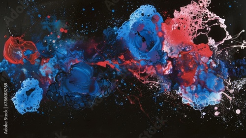 the beauty of acrylic art as vibrant blue and red colors disperse gracefully in water, mingling to create mesmerizing ink blots and abstract patterns set against a rich black background,  photo