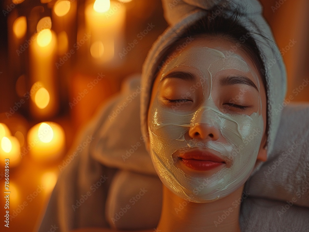 Asian woman with a facial mask, enjoying a quiet evening of pampering, soft lighting 8K , high-resolution, ultra HD,up32K HD Asian woman with a facial mask, enjoying a quiet evening of pampering, soft lighting 8K , high-resolution, ultra HD,up32K HD