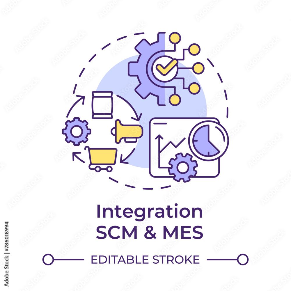 Integration SCM and MES multi color concept icon. Manufacturing execution systems. Factory automation. Round shape line illustration. Abstract idea. Graphic design. Easy to use in infographic, article