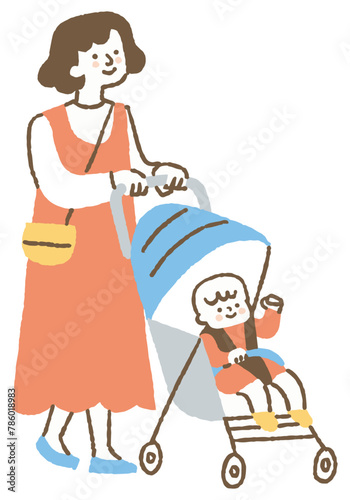 Mother strolling while pushing a stroller_Color