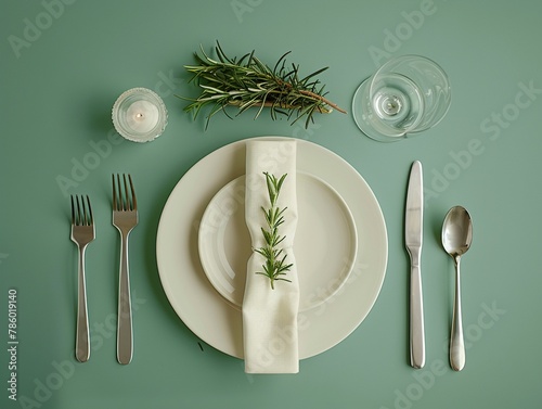 Contemporary table design with plates, cutlery, neatly folded napkins, and rosemary, arranged on a green background 8K , high-resolution, ultra HD,up32K HD