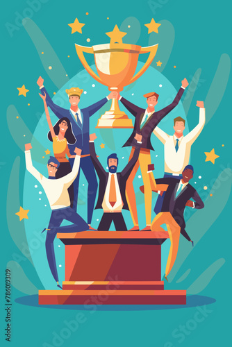 Triumphant Business Professionals Celebrating Success on Winner's Podium, Victorious Colleagues Ranked as Top Performers on Office Success Leaderboard
